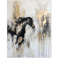 Artery8 Wild Horse Fantasy Black Gold Bright Oil Painting Wall Art Print in Grey | Size: W18" x H24"