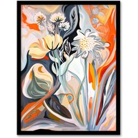 Artery8 Abstract Wildflowers Bright Floral Folk Art Framed Art Print | Size: A4