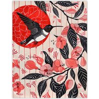Artery8 Hummingbird & Cherry Blossoms Folk Art Painting Wall Art Print in Red | Size: W18" x H24"