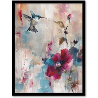 Artery8 Hummingbird & Zinnia Flower Blooms Oil Painting Framed Art Print | Size: W12" x H16"