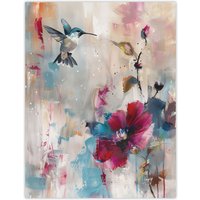 Artery8 Hummingbird & Zinnia Flower Blooms Oil Painting Wall Art Print | Size: W12" x H16"