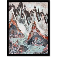 Artery8 Spiky Mountains River Trippy Floral Folk Art Framed Art Print in Grey | Size: W12" x H16"