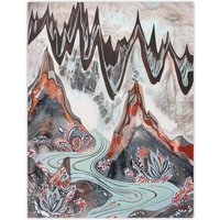 Artery8 Spiky Mountains River Trippy Floral Folk Art Wall Art Print in Grey | Size: W24" x H32"