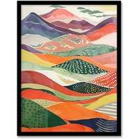Artery8 Colourful Countryside Hills Folk Art Landscape Framed Art Print | Size: A4