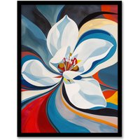 Artery8 Lily Flower Blue Red Orange Abstract Floral Framed Art Print | Size: A4
