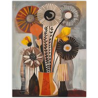 Artery8 Abstract Folk Art Autumn Flower Bouquet in Vase Wall Art Print in Grey | Size: W24" x H32"
