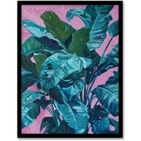 Artery8 Tropical Plant Lover Pink Teal Blue Painting Framed Art Print | Size: A4