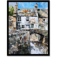Artery8 North Yorkshire Village Medieval Bridge Painting Framed Art Print in Grey | Size: A4