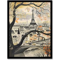 Artery8 Vintage Autumn in Paris Cityscape Eiffel Tower Framed Art Print in Beige | Size: W12" x H16"