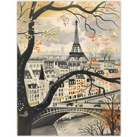 Artery8 Vintage Autumn in Paris Cityscape Eiffel Tower Wall Art Print in Beige | Size: W18" x H24"