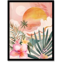Artery8 Tropical Pink Beach Sunset Palm Orchids Abstract Framed Art Print | Size: A4