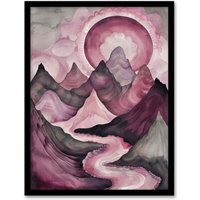 Artery8 Purple Fantasy Mountain Path Sunset Watercolour Framed Art Print in Pink | Size: W12" x H16"