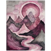 Artery8 Purple Fantasy Mountain Path Sunset Watercolour Wall Art Print in Pink | Size: W12" x H16"