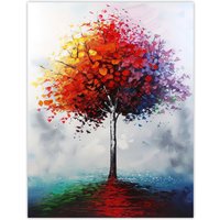 Artery8 Lone Rainbow Tree Painting Autumnal Colourful Wall Art Print in Red | Size: W12" x H16"