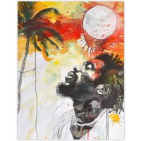 Artery8 Jamaican Man Portrait Sunset Palm Tree Rastafari Wall Art Print in Red | Size: W24" x H32"