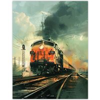 Artery8 Locomotive Train Front View Railway Painting Wall Art Print | Size: W18" x H24"