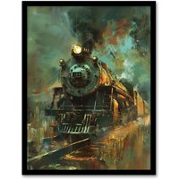 Artery8 Steam Train on Tracks Modern Painting Dark Framed Art Print in Blue | Size: A4