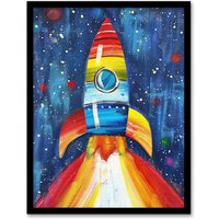Artery8 Rainbow Rocket Blast Off-Space Painting Colourful Framed Art Print in Blue | Size: W12" x H16"