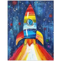 Artery8 Rainbow Rocket Blast Off-Space Painting Colourful Wall Art Print in Blue | Size: W24" x H32"