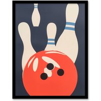 Artery8 Bowling Ball Strike Knocked Pins Sport Fun Framed Art Print in Orange | Size: A4