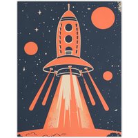 Artery8 Red Rocket Spaceship Launch Retro Style Design Wall Art Print | Size: W12" x H16"