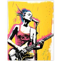 Artery8 Female Punk Music Guitarist Portrait Yellow Pink Wall Art Print | Size: W24" x H32"