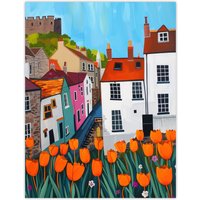 Artery8 Blooming Tulip Flowers Yorkshire Castle Town Wall Art Print | Size: W12" x H16"