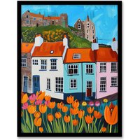 Artery8 Summer Day in English Town Tulips Colourful Framed Art Print | Size: A4