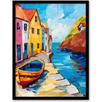 Artery8 Colourful Houses Boat English Seaside Town Framed Art Print | Size: W12" x H16"