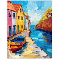 Artery8 Colourful Houses Boat English Seaside Town Wall Art Print | Size: W18" x H24"