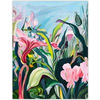 Artery8 Trippy Exotic Wildflower Garden Painting Tropical Wall Art Print in Green | Size: W24" x H32"