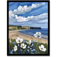 Artery8 Saltburn Hunt Cliff Yorkshire Wildflowers Digital Framed Art Print in Blue | Size: W12" x H16"