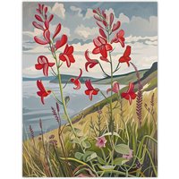 Artery8 Red Wildflowers on Hunt Cliff Saltburn Yorkshire Wall Art Print in Green | Size: W18" x H24"