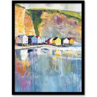 Artery8 Colourful Quaint Cliffside Beach Chalets Painting Framed Art Print in Blue | Size: W12" x H16"