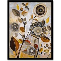 Artery8 Autumn Folk Art Abstract Wildflowers Painting Framed Art Print in Brown | Size: W12" x H16"