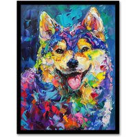Artery8 Rainbow Shiba Inu Dog Lover Portrait Thick Paint Framed Art Print | Size: A4