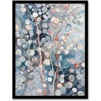 Artery8 Abstract Bubble Forest Trees Watercolour Painting Framed Art Print in Blue | Size: W12" x H16"