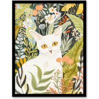 Artery8 White Cat Lover Pet in Summer Flower Garden Framed Art Print | Size: A4