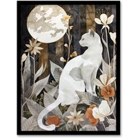 Artery8 Cat Lover Floral Forest Full Moon Watercolour Framed Art Print in Grey | Size: A4