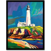 Artery8 St Mary's Lighthouse Northen Lights Sky Colourful Framed Art Print | Size: W12" x H16"