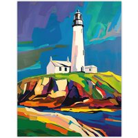 Artery8 St Mary's Lighthouse Northen Lights Sky Colourful Wall Art Print | Size: W18" x H24"