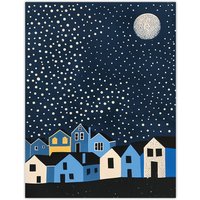 Artery8 Full Moon Starry Night Over Town Graphic Design Wall Art Print in Blue | Size: W24" x H32"