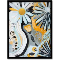 Artery8 Abstract Daisy Wild Flowers Painting Pastels Gold Framed Art Print in Blue | Size: W12" x H16"