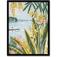Artery8 Summer Marina Coastal Wildflowers Pastel Colour Framed Art Print in Green | Size: W12" x H16"