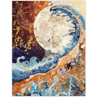 Artery8 Full Moon Great Ocean Wave Modern Art Gold Wall Art Print in Brown | Size: W12" x H16"