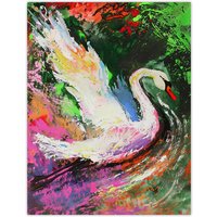 Artery8 Swan Landing on Lake Colourful Painting Wall Art Print | Size: W18" x H24"
