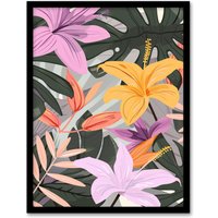 Artery8 Tropical Exotic Colourful Lilies Monstera Design Framed Art Print | Size: W12" x H16"