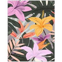 Artery8 Tropical Exotic Colourful Lilies Monstera Design Wall Art Print | Size: W12" x H16"