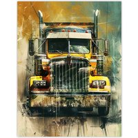 Artery8 Yellow Long Haul Truck Front Modern Painting Wall Art Print | Size: W12" x H16"