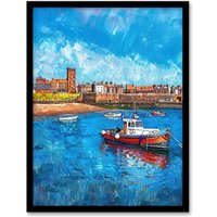 Artery8 North England Coastal Town Fishing Boats Painting Framed Art Print in Blue | Size: A4
